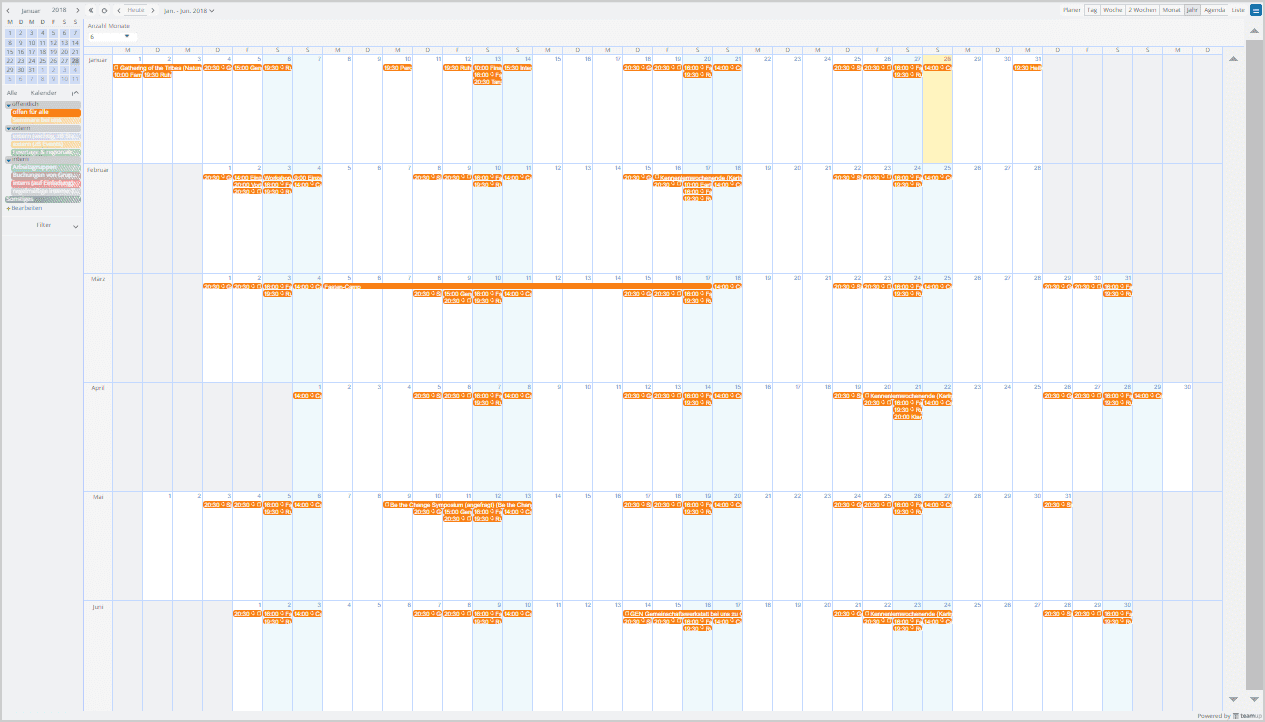 Toggle the calendar list in the left panel to view one sub-calendar in 6-month view.