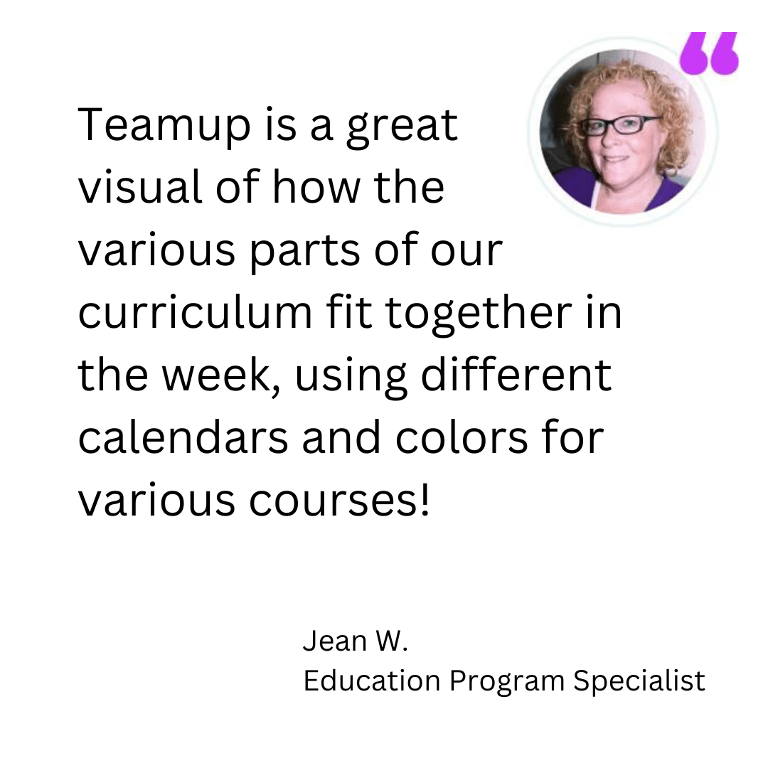 Teamup is a great<br />
visual of how the<br />
various parts of our curriculum fit together in the week, using different calendars and colors for various courses!