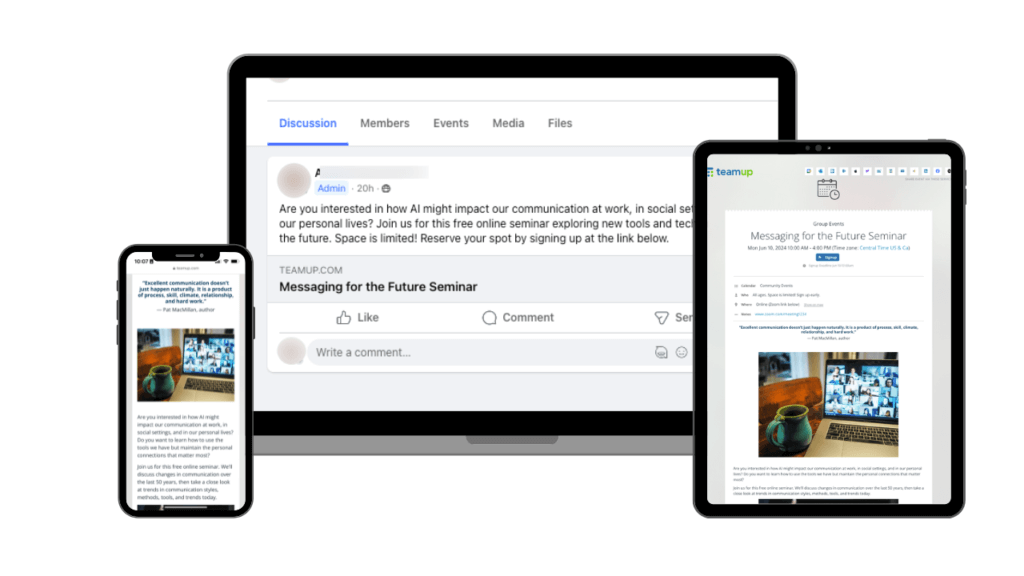 A Facebook post (center) has a short description and a link to a Teamup event page (shown on the mobile phone, left, and a tablet, right).