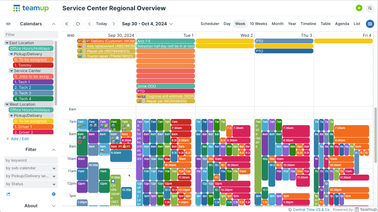 Shared team calendar showing regional service teams’ schedules