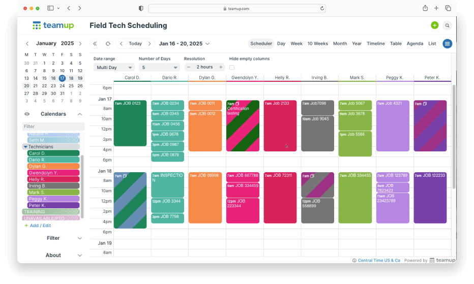 A browser screen shows a calendar named Field Tech Scheduling open in Scheduler view, with sub-calendars laid out in columns across the time grid in rows and colorful events (some with color striping) side-by-side.