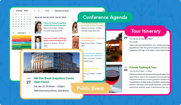 Teamup Tiles view for conference agenda, trip itinerary, public event listing and many more.