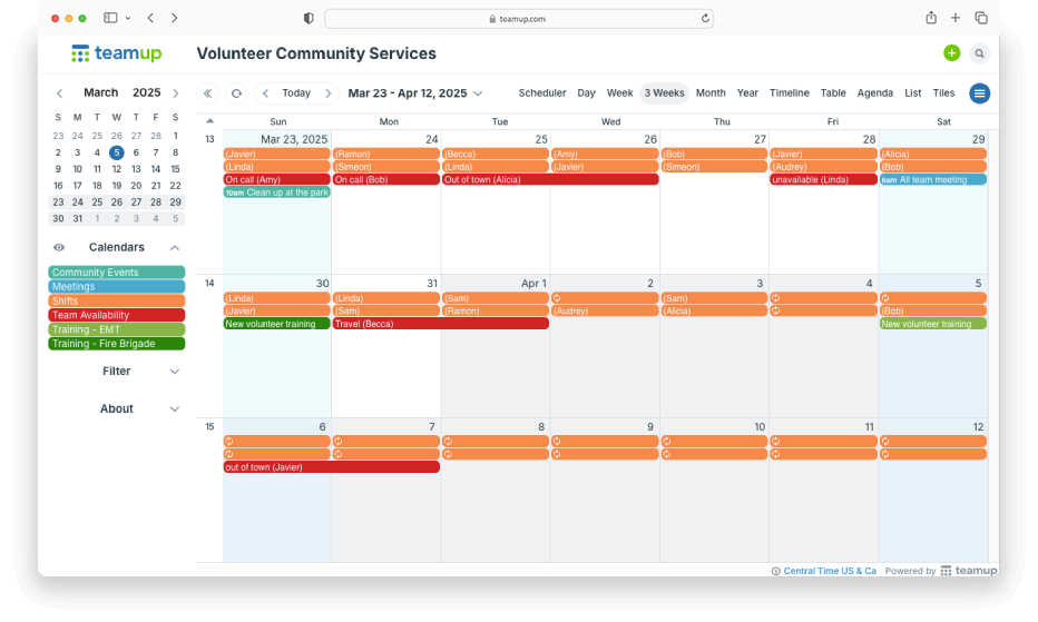 A browser screen shows a calendar title Volunteer Community Services. A list of calendars in different colors is on the side. Most of the events show who is scheduled for shifts and who is unavailable.