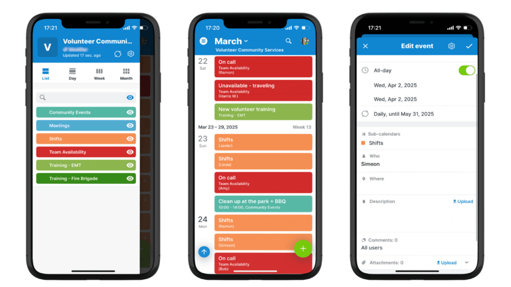 Three mobile screens show Teamup app: The sidebar showing the list of colorful calendars; the List view showing a list of events color-coordinated to calendars; and the event editor open showing event details.