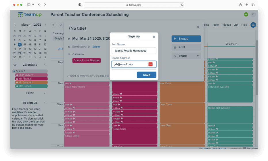 A colorful calendars show a 4 teacher sub-calendars in a folder labeled "Grade 8." The four calendars are displayed in columns with events side by side. Overlayed: an open event viewer with a pop-up box to Sign up with fields for Name and Email Address.