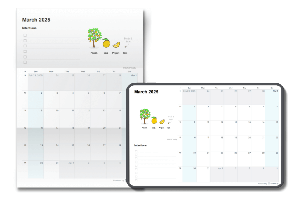 A printout of a calendar in portrait layout, labeled March 2025 with a list of Intentions above a monthly calendar grid. A small illustration is on the top right, showing a tree, a fruit, a slice of fruit, and a seed. The same calendar is shown to the right in landscape layout on a tablet screen 