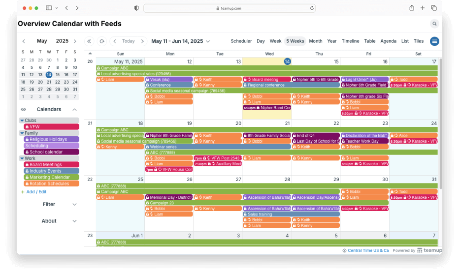 A calendar screen in a browser frame shows a list of icalendar feeds in the Calendars list and the calendar in Month view shows multiple color-coded events from the various feeds.