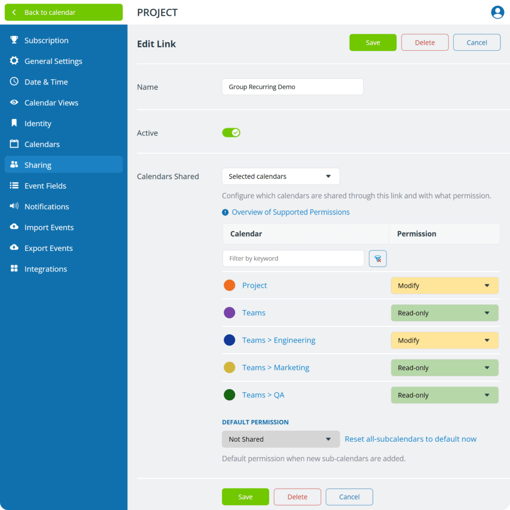 Screenshot of Teamup Calendar interface to set permissions for teams or user groups, controlling edit and view rights