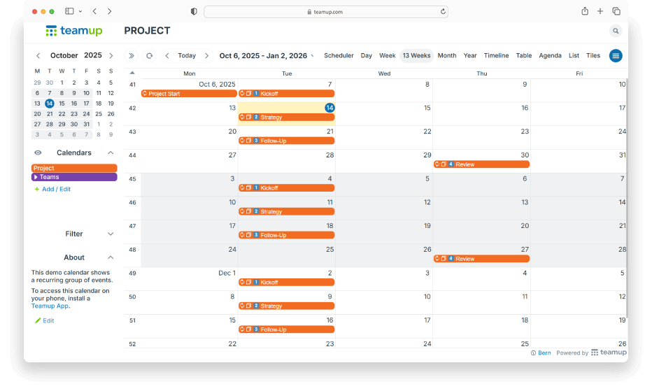 Teamup calendar showing a full recurring project cycle with events for kick-off, mid-point, and review meetings.