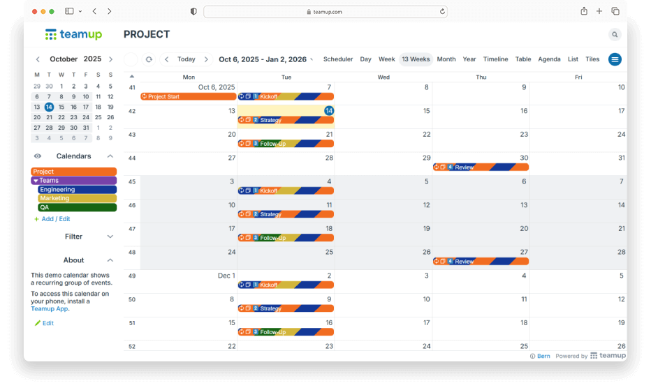 Teamup calendar displaying color-coded recurring events by team, showing Engineering, Marketing, and QA meetings across project phases