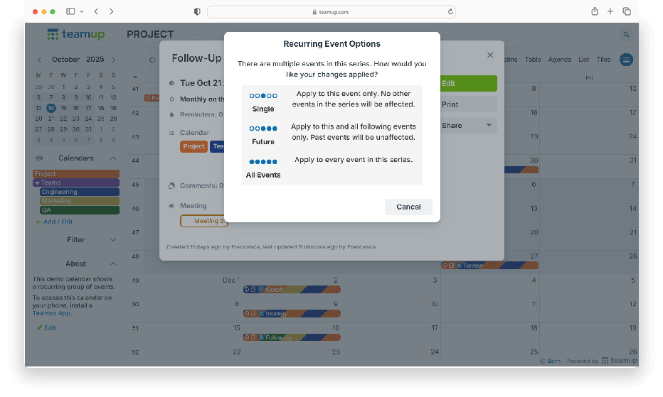 Teamup recurring event options dialog showing choices to edit one event, multiple events, or the entire series
