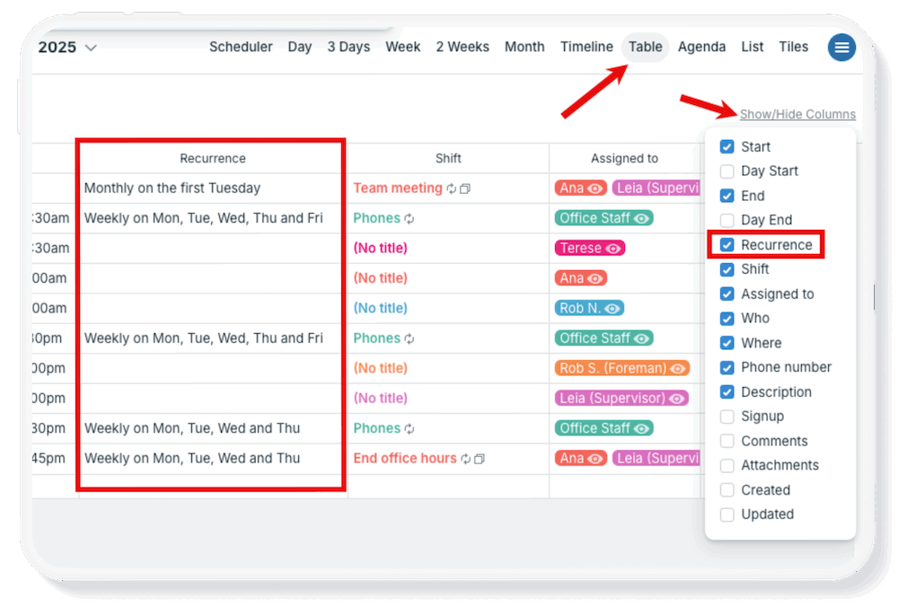 See All Repeating Events in Table View