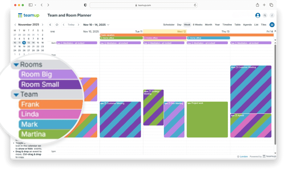 Teamup as shared resource booking calendar, Week view