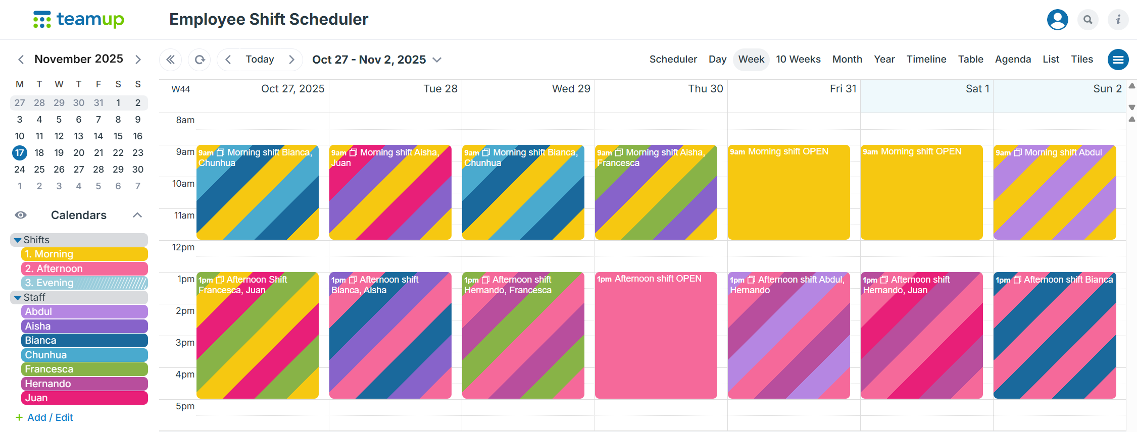 Shared team calendar, showing color-coded morning and afternoon shifts for multiple staff member or volunteers