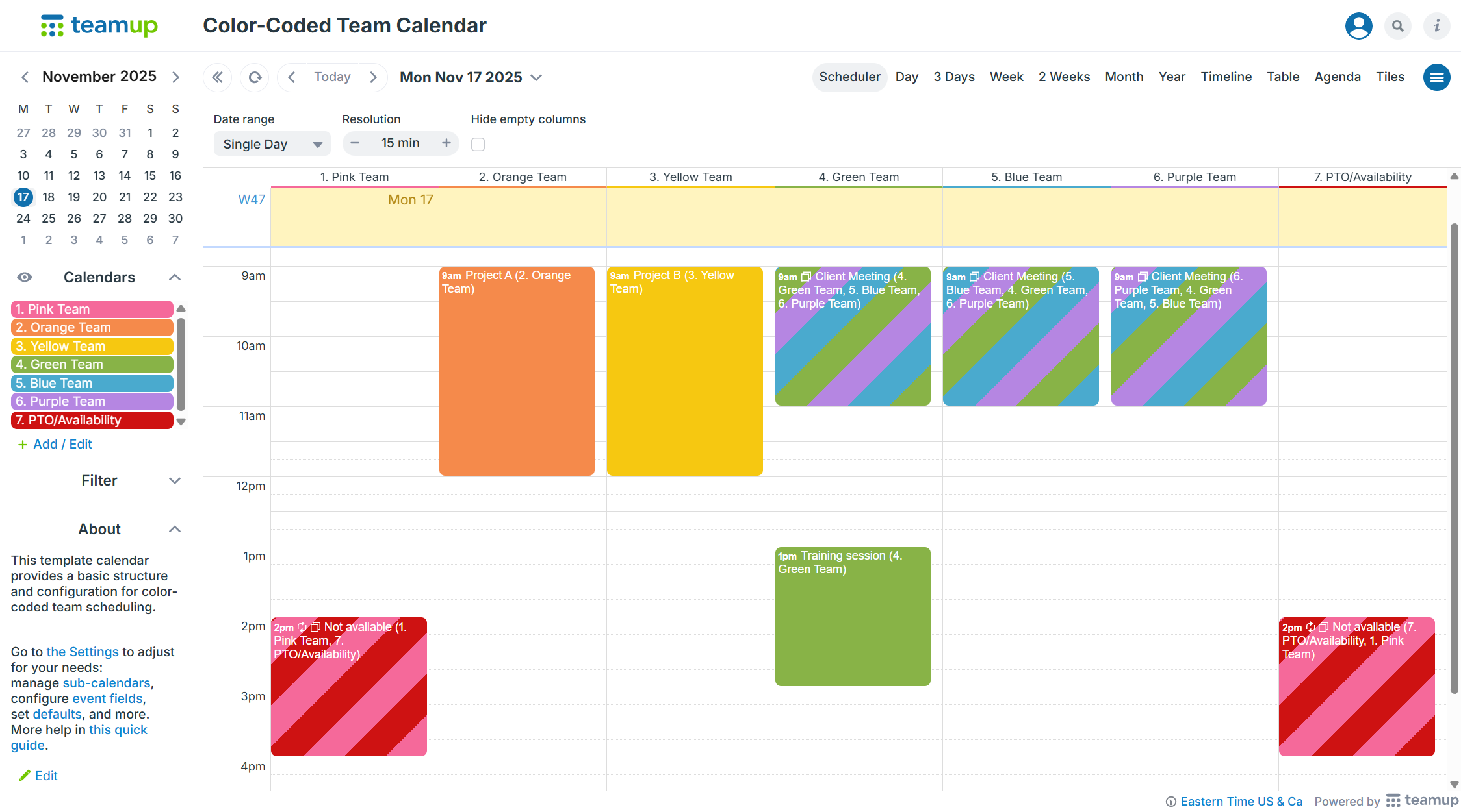 Color-Coded Shared Team Calendar in Teamup, Scheduler View