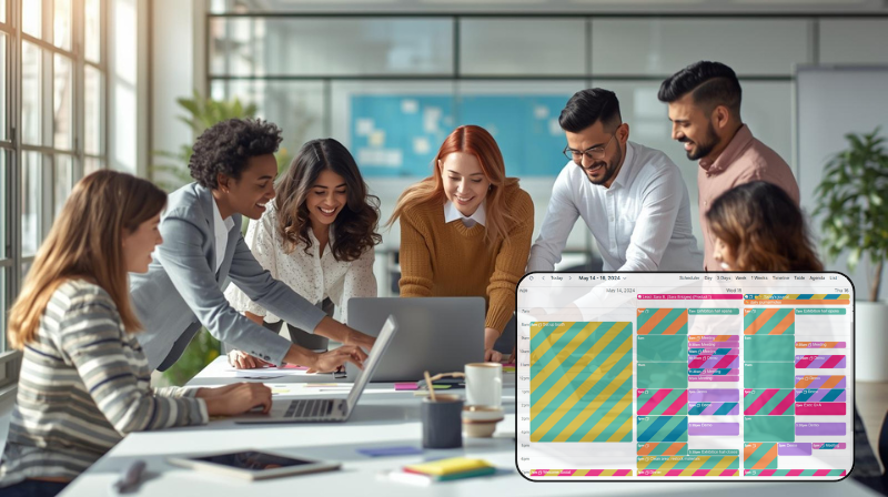 20251117 Team shared calendar header A diverse team collaborating at a table in a modern office while reviewing a colorful shared team calendar on a laptop screen, representing efficient scheduling, team coordination, and organized workflows