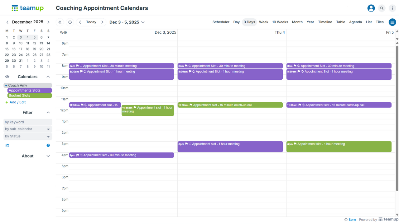 Teamup calendar view showing several booked appointment events displayed under a separate sub-calendar labeled “Booked Slots,” indicating which times have already been taken.