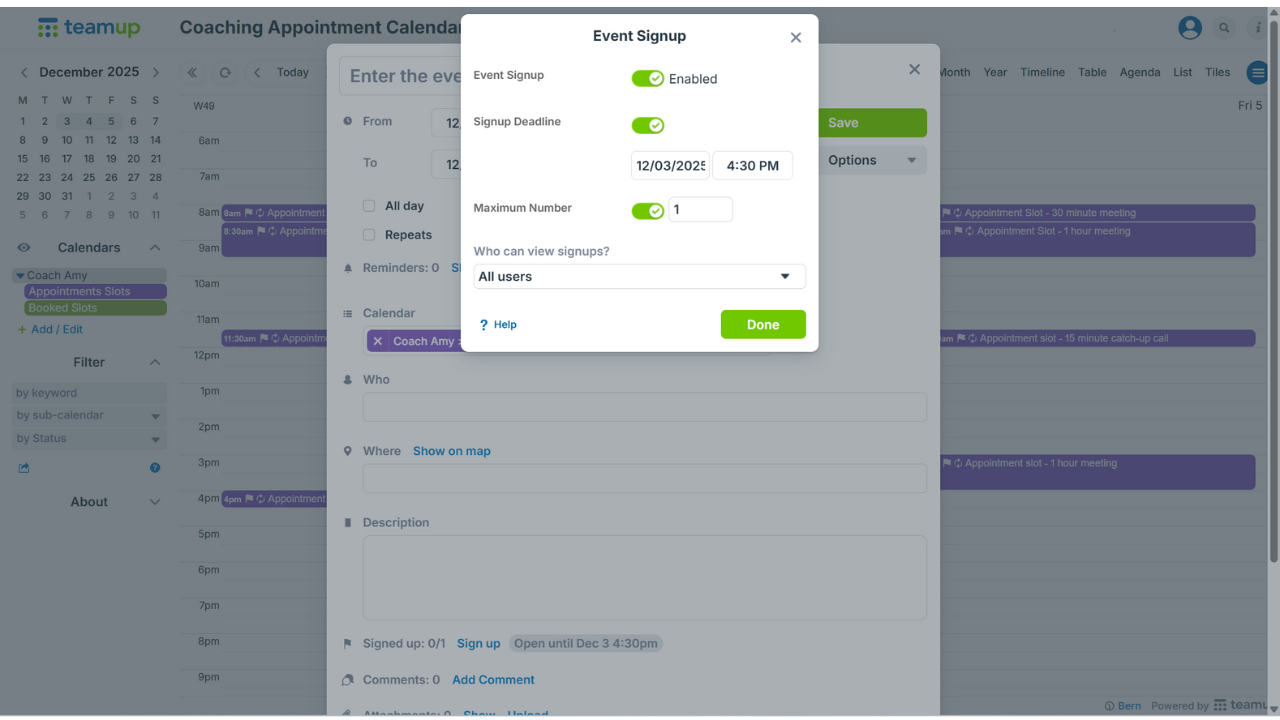 The Event Signups settings panel in Teamup, with signups enabled, a maximum of one signup allowed, and an optional signup deadline configured.
