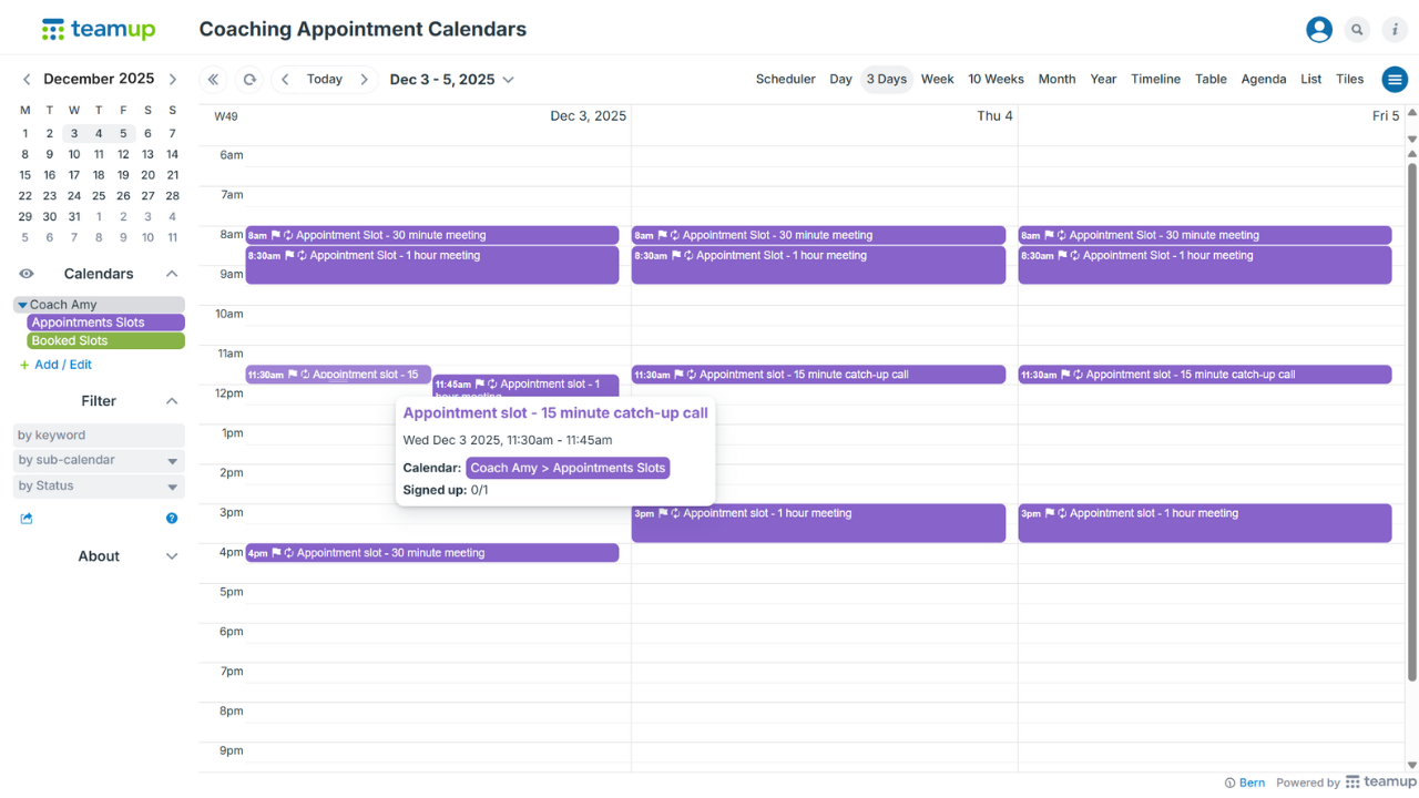 A Teamup calendar used by coaches to create slot to book appoitnments