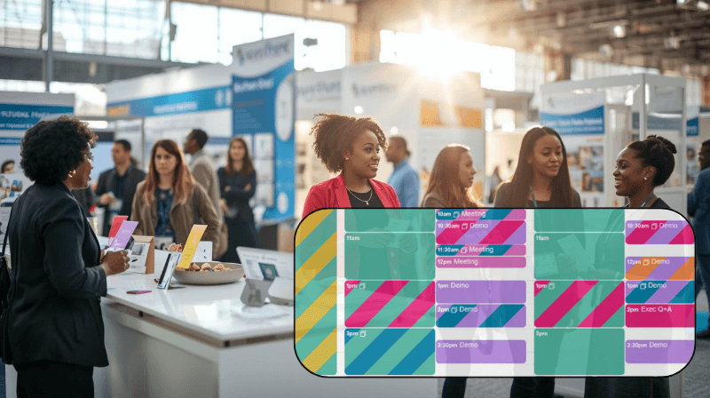 20252111 tu header trade show Trade show staff coordinating activities, meetings, and demos using a shared Teamup calendar.