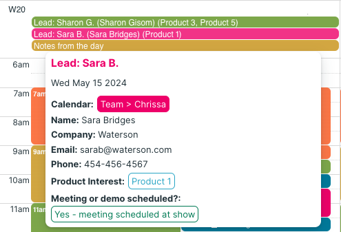 Trade show lead captured in Teamup calendar using custom fields for product interest and meeting or demo