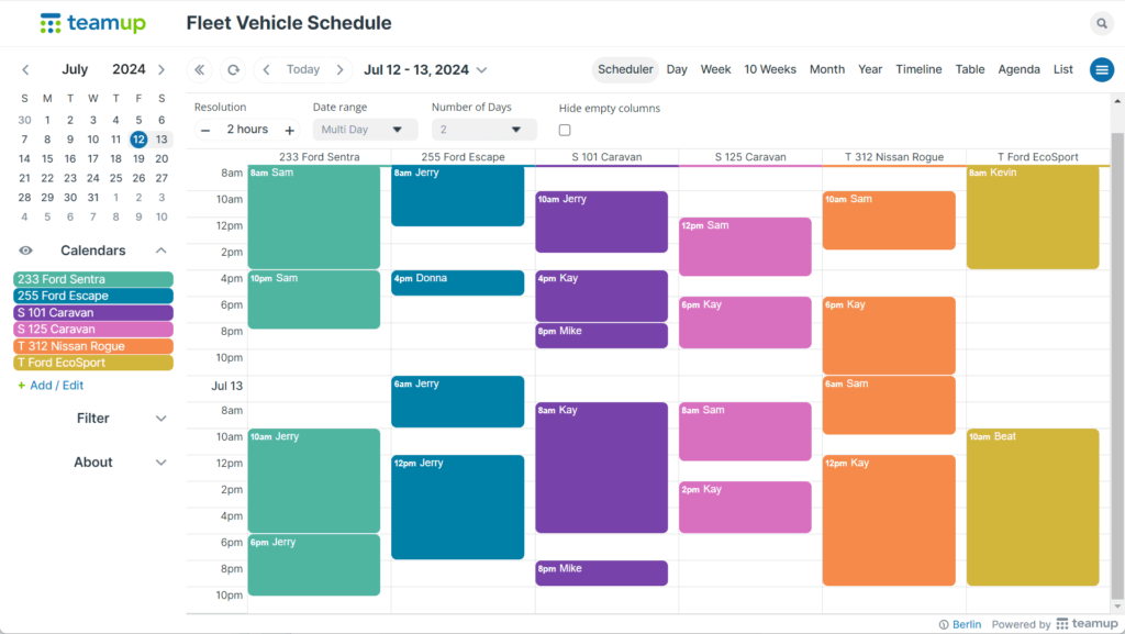 Teamup Calendar used for fleet scheduling, showing one sub-calendar per vehicle.