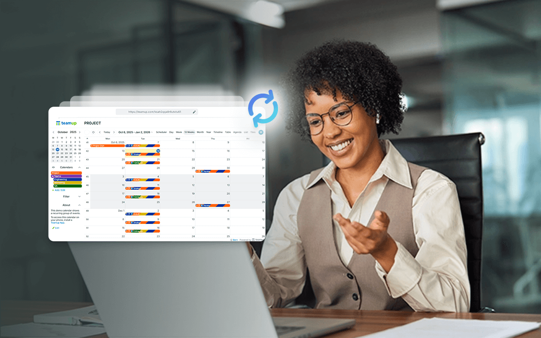 learn-2025-november-project-manager-recurring_v2 Recurring meetings scheduled in Teamup calendar for a project workflow