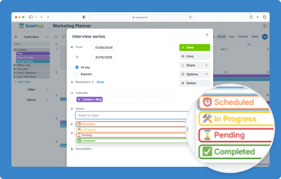 A custom choice field with predefined options in Teamup Calendar