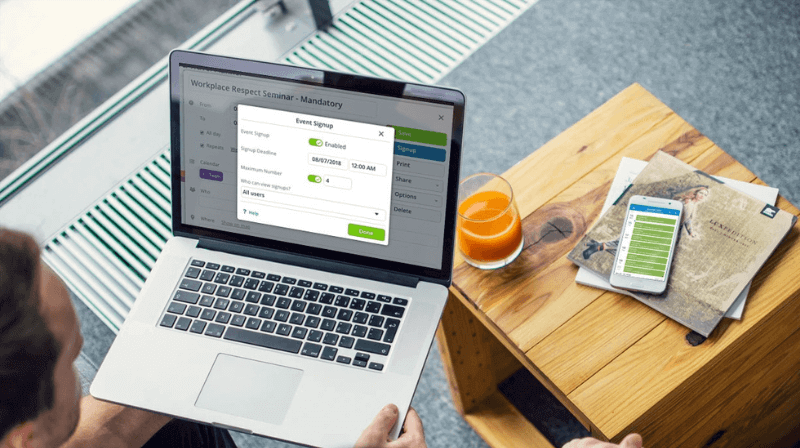 Teamup user account features shown on a laptop screen