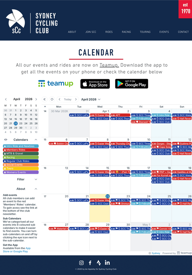 Sydney Cycling Club embedded calendar