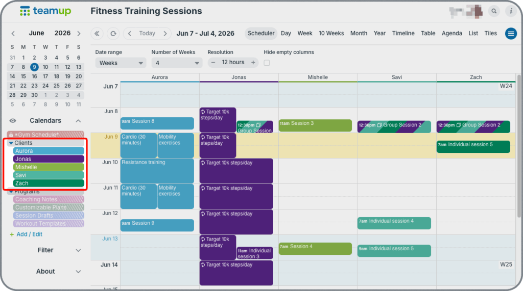 A calendar shows a set of client sub-calendars side-by-side in Scheduler view, with individual events for each client for workouts, sessions, etc.