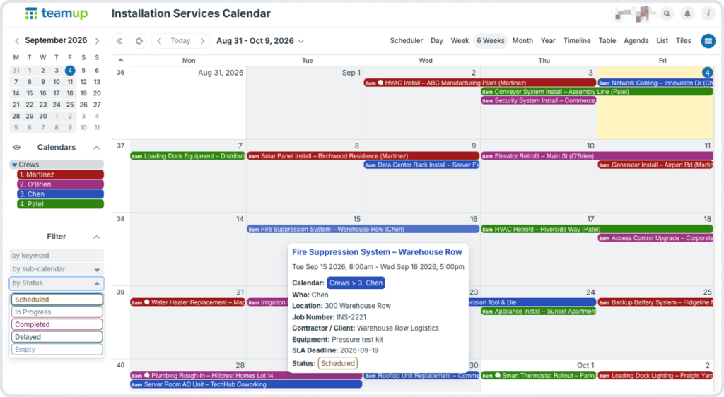 Teamup calendar Multi-week view with color-coded sub-calendars for different installation crews