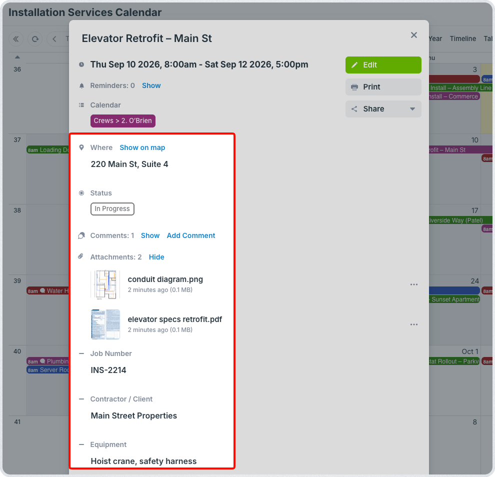 Teamup event detail panel showing custom fields for an installation job with attached files and key job details