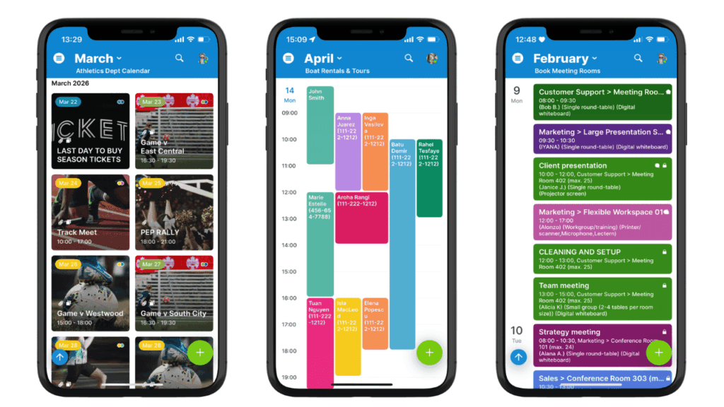 Three phone screens show the Teamup app in different calendar layouts: Tiles view, Day view, List view.